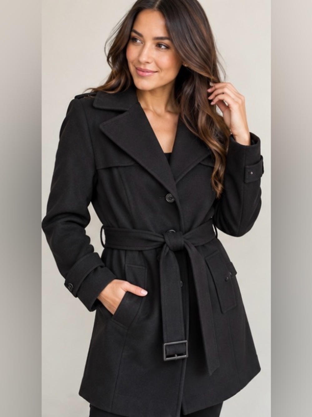 Kenneth Cole Reaction Black Wool Blend Belted Trench Coat Size 14